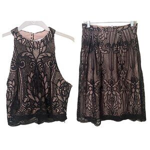 NEW FRANCESCAS Black Lace 2 Piece Crop Top & Skirt Set Small Victorian Pattern